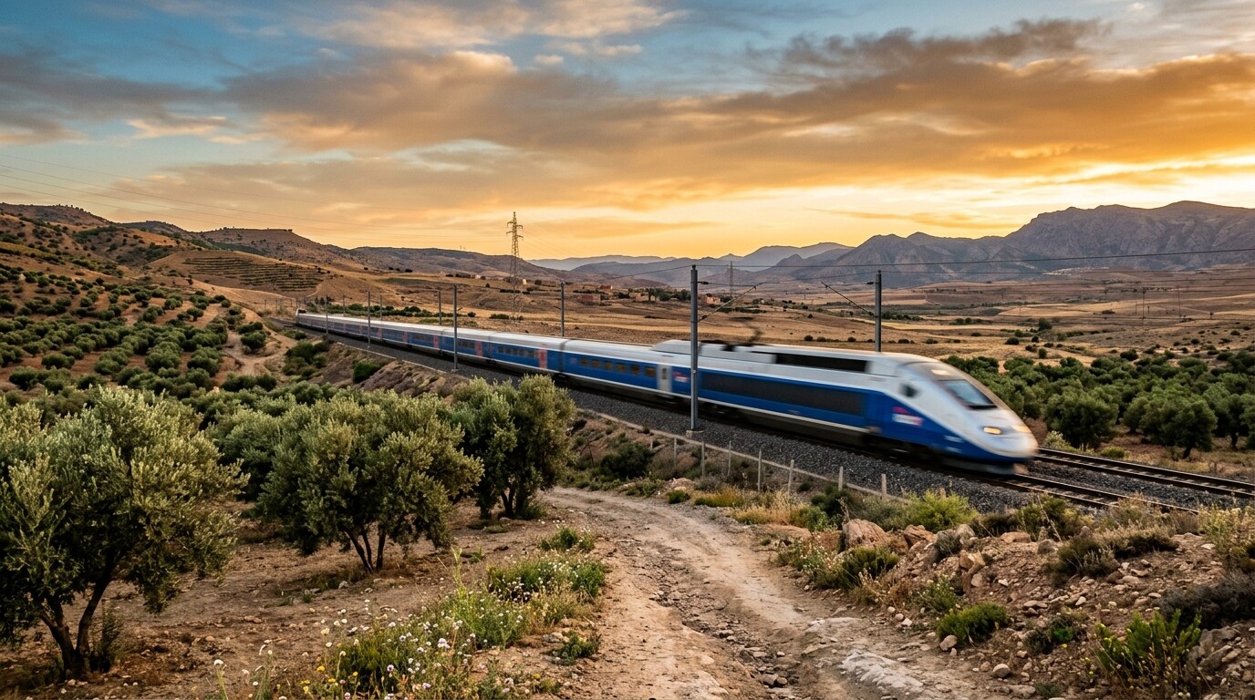 An Al Boraq high-speed train traveling through the scenic Moroccan landscape at sunset.