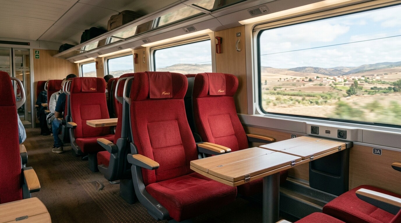The comfortable interior of a first-class carriage on the Al Boraq high-speed train.