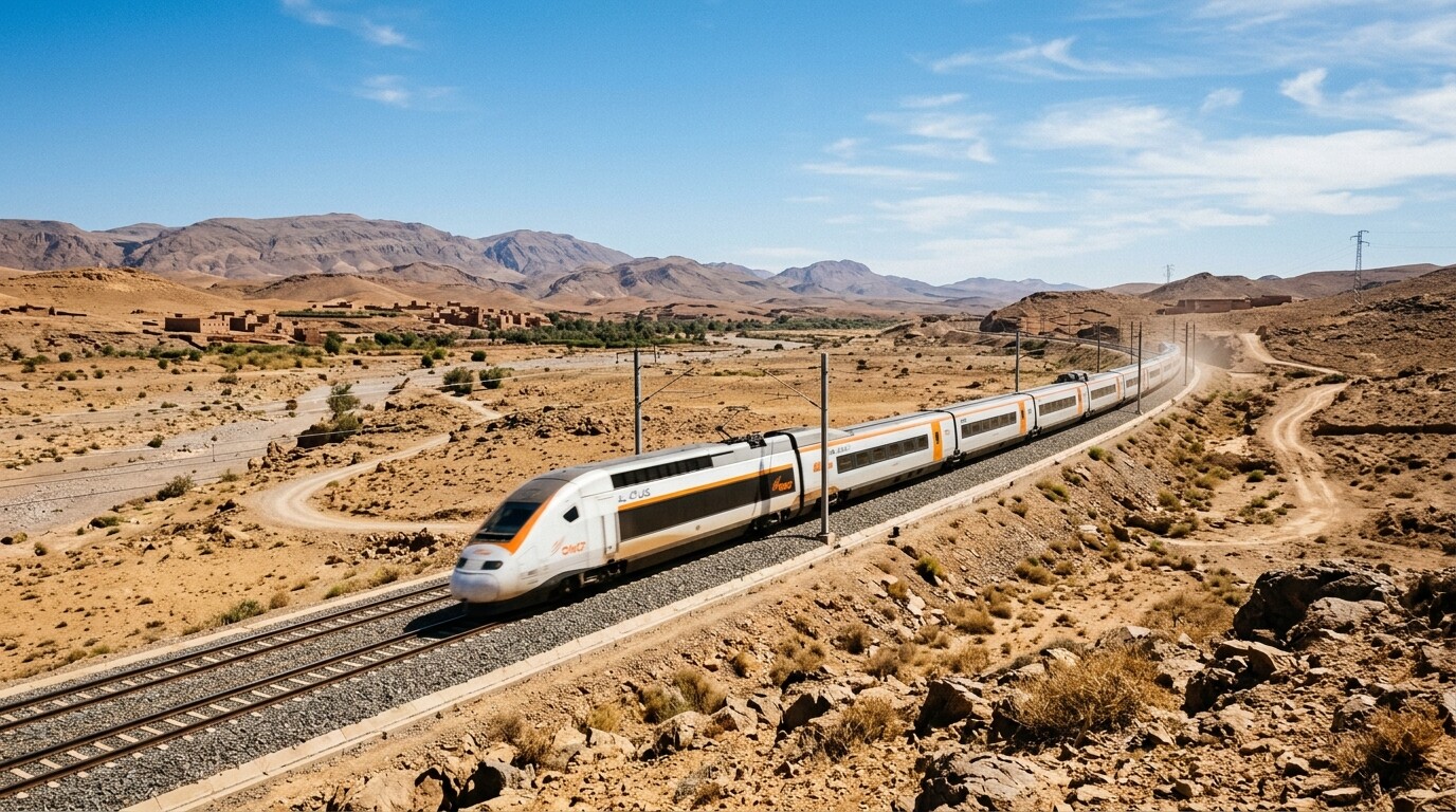 A modern Al Atlas train traveling through the sun-drenched rocky plains of the Moroccan countryside.