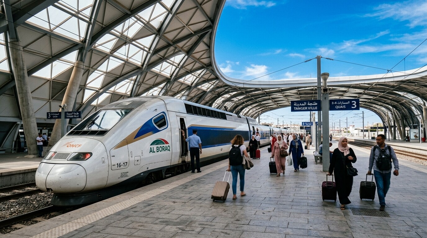 A high-speed Al Boraq train stopped at a modern Moroccan railway station platform.