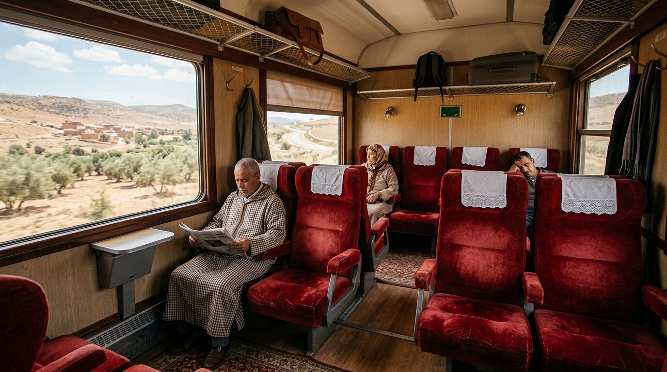 Interior of a first-class train compartment in Morocco with red velvet seats.