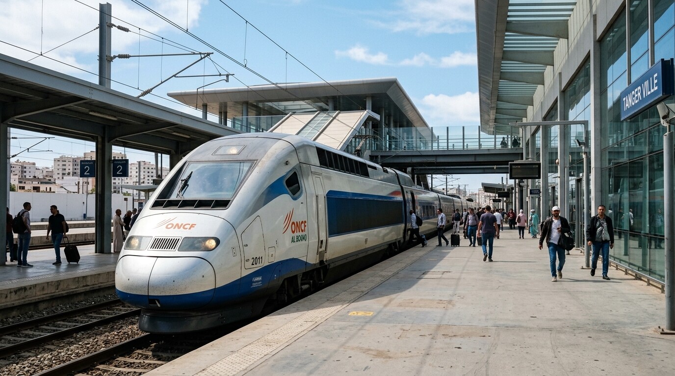 A modern Al Boraq high-speed train at a platform in Morocco under a bright blue sky.