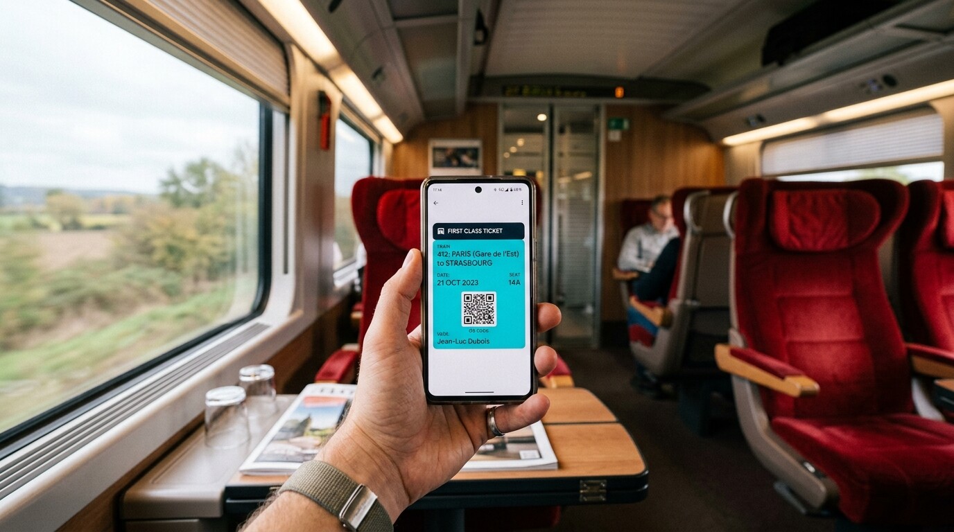 A passenger holding a digital ticket inside the comfortable first-class cabin of an Al Boraq train.